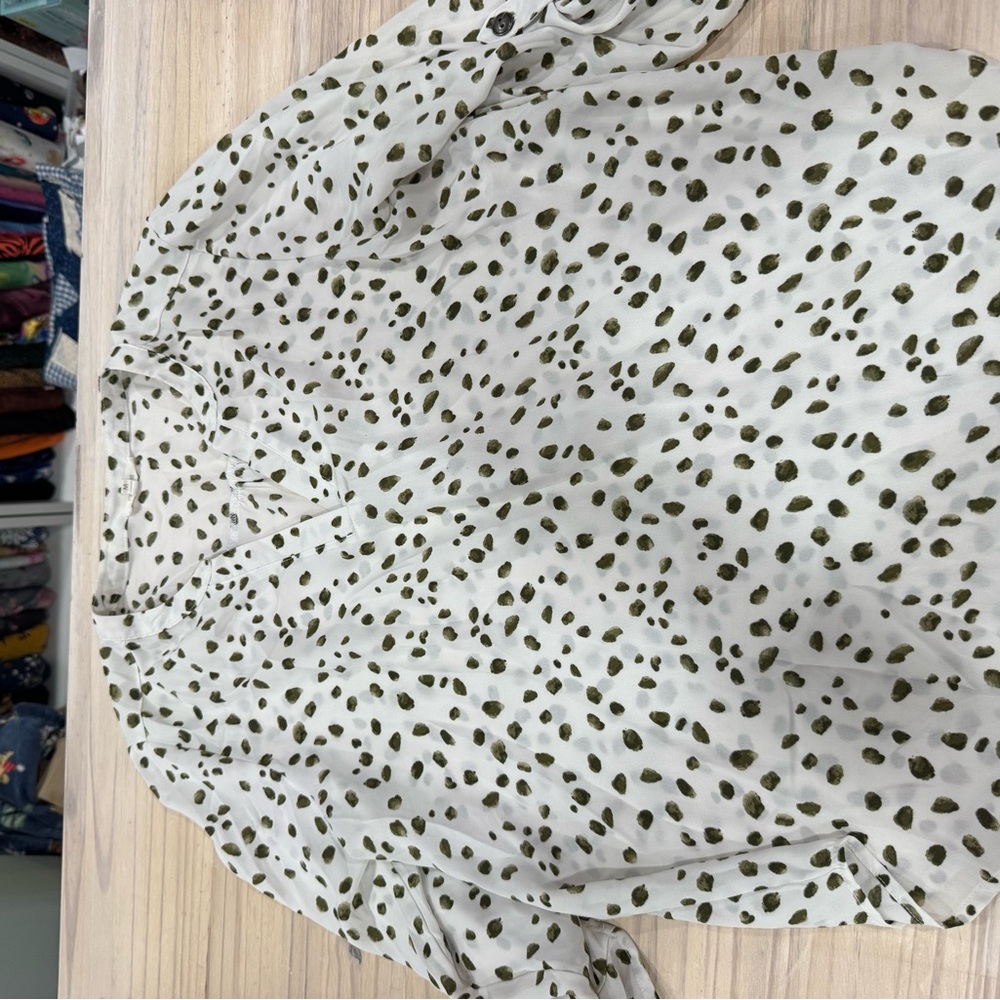 Maurices White Blouse with Olive Green Dot Print